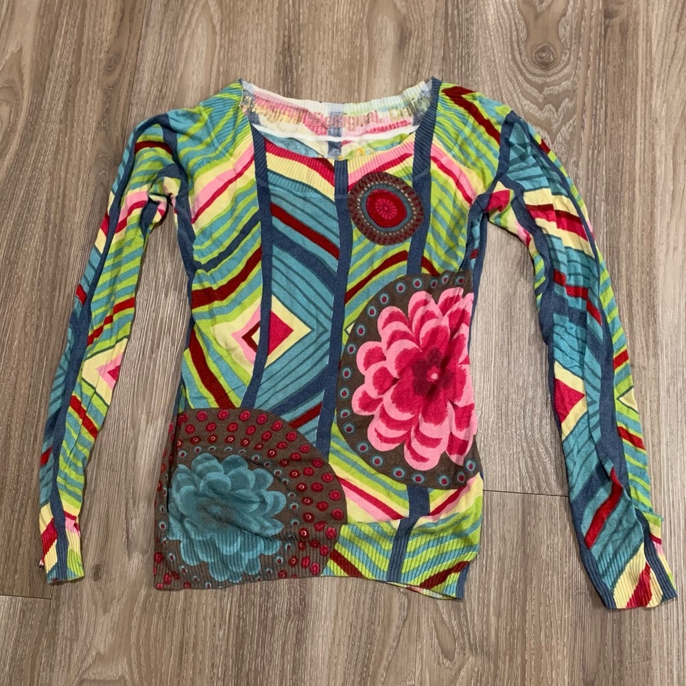 Desigual Patchwork Floral Knit Sweater Women's Small Colorful Long Sleeve Boho